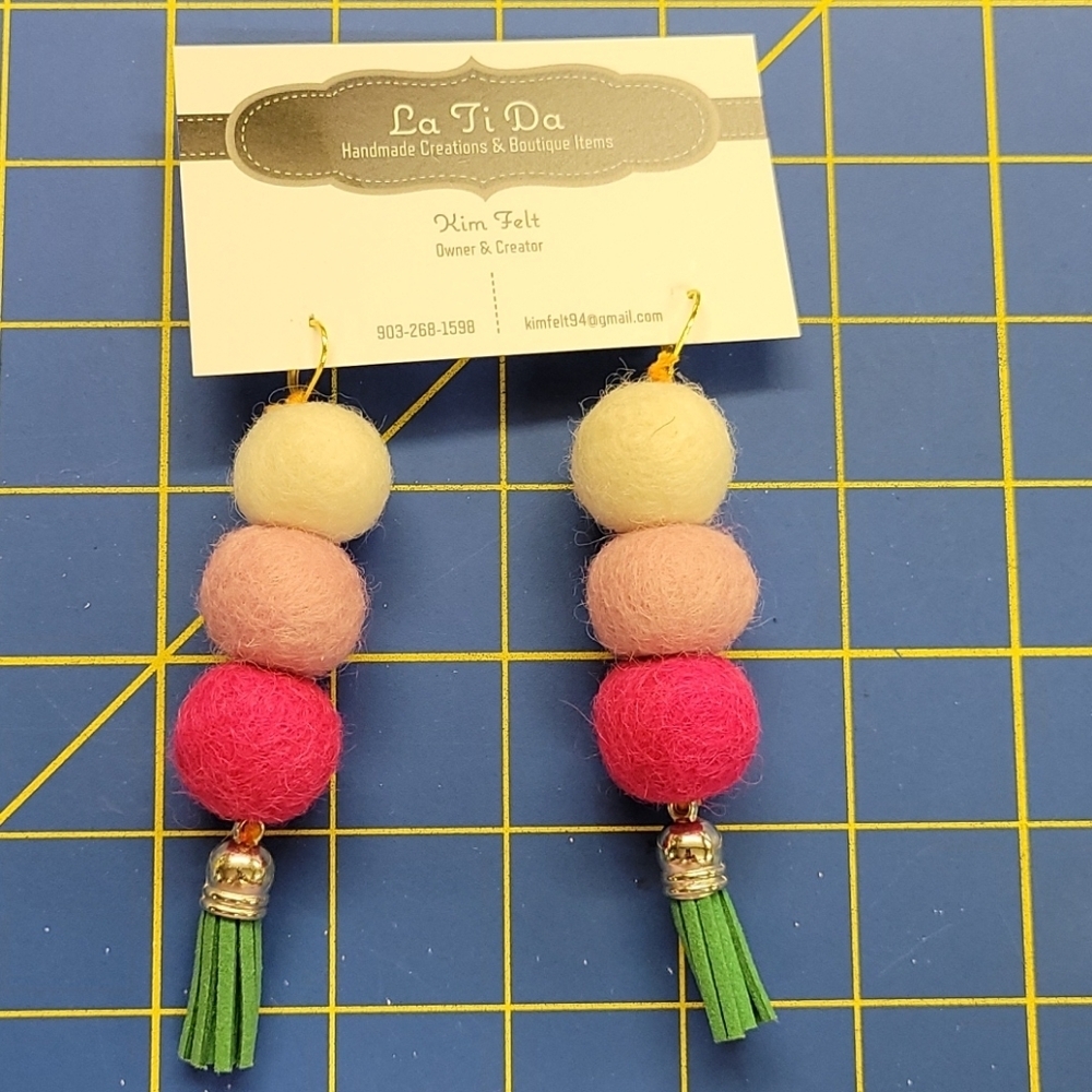 Wool Fuzz Ball Hang Green Pleather Tassel Earring 4"